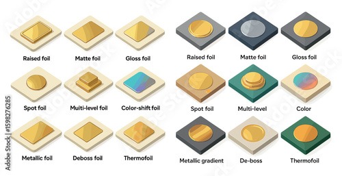 Foil design flat icons set – matte, metallic, embossing and debossing styles