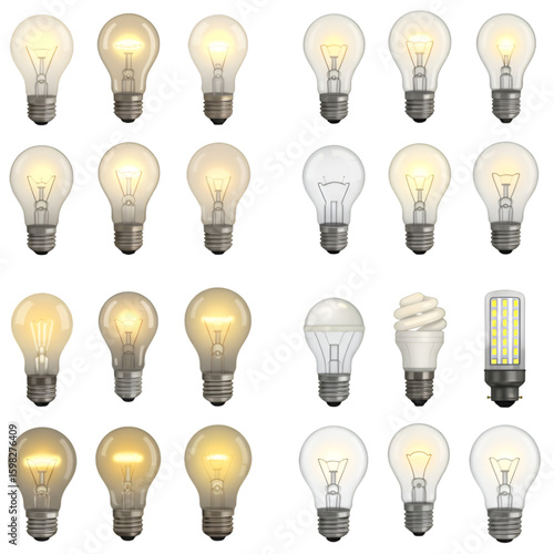 Set of Realistic Light Bulbs on Transparent Background