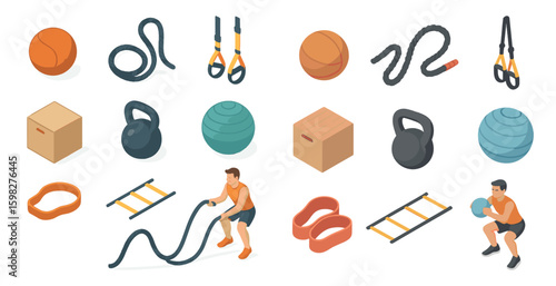 Fitness and gym isometric icons set – exercise, training, workout symbols