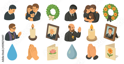 Funeral and memorial isometric icons set – ceremony, wreaths, remembrance symbols