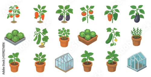 Gardening and plants icons set in isometric style – flat, nature and horticulture symbols