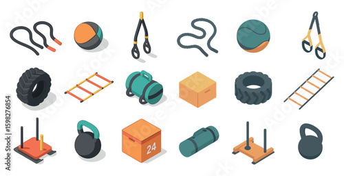 Fitness and exercise isometric icons set – gym, workout, training equipment symbols