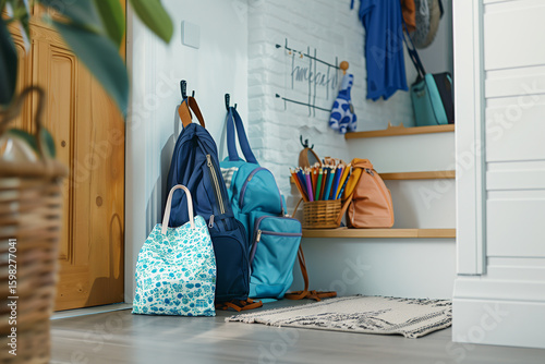 Backpacks and lunchboxes near front door at home