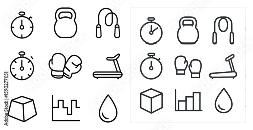 Fitness and gym outline icons set – linear, exercise, workout symbols