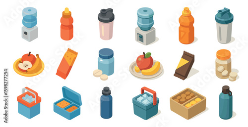 Food and drink isometric icons set – 3d, solid, snack and beverage graphics