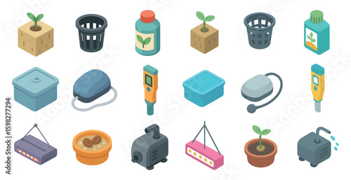 Hydroponics and gardening icons set – isometric, indoor grow, plant care graphics