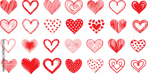 Red heart set. Collection of heart icon hand drawn vector for love logo, heart symbol, doodle icon, greeting card and Valentine's Day. Painted grunge vector shape