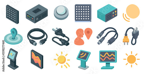 Technology and devices icons set – isometric, flat, tech and gadget symbols