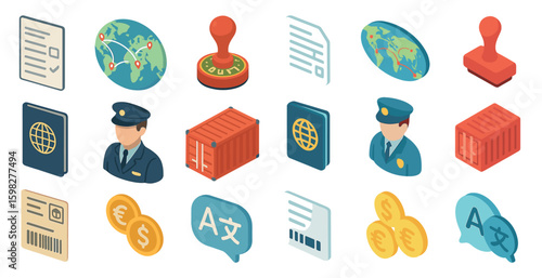 Travel and tourism isometric icons set – 3d, transport, global navigation symbols