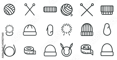 Knitting and crochet outline icons set – yarn, needles, crafting essentials