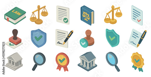 Law and justice icons set – isometric, legal, court and authority symbols