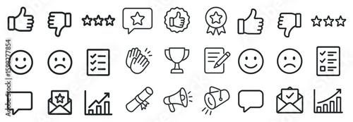Feedback and approval line icons set – outline, rating, evaluation symbols