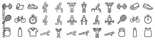 Fitness and gym outline icons set – sports, workout and exercise symbols