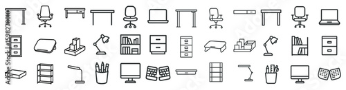 Office furniture outline icons set – linear, workspace, desk and chair symbols