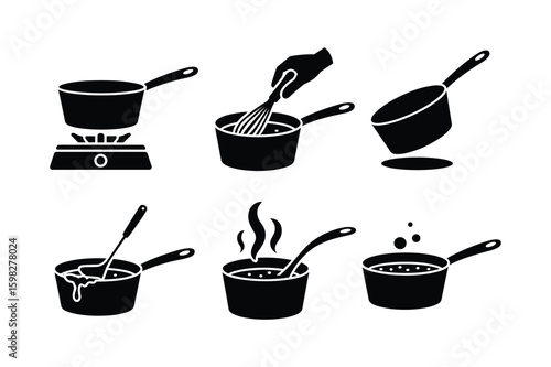 Pots with cooking actions and ingredients saucepan boiling