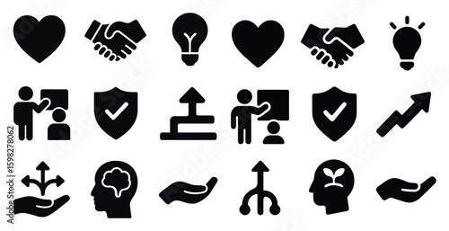 Business and strategy icons set – filled, solid, planning and development symbols