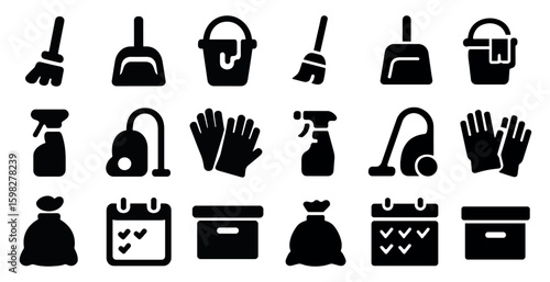 Cleaning and maintenance solid icons set – disinfecting, sanitation, outline graphics