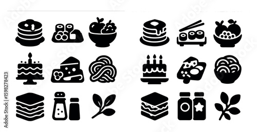 Food and restaurant silhouette icons set – dining, culinary, and kitchen symbols