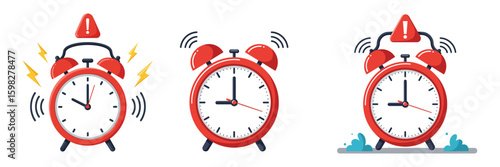 Set of red shiny alarm clocks design isolated on the white background vector illustration.