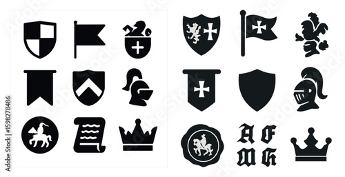 Medieval and knight silhouette icons set – shields, banners, regal symbols