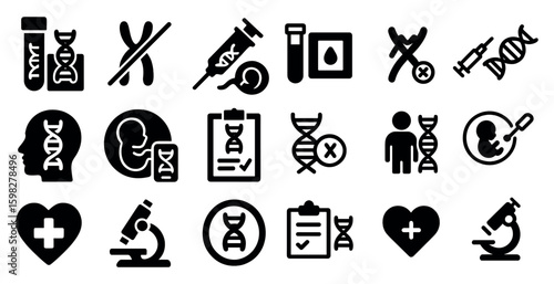 Medical and dna solid icons set – healthcare, genetics, science symbols