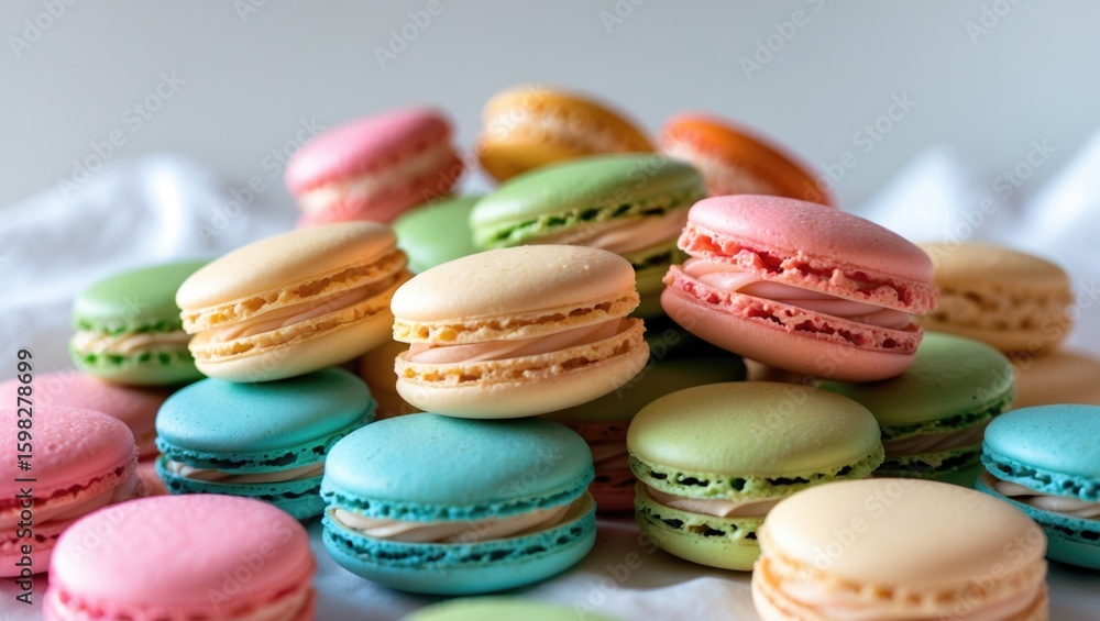 Colorful macarons with pastel shades arranged on a soft surface. Colorful macarons with pastel shades arranged on a soft surface.