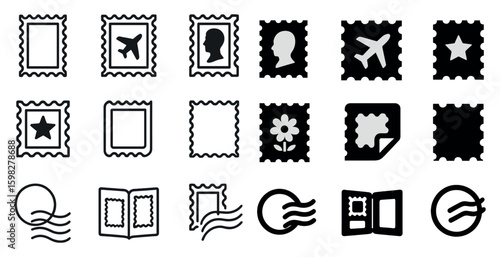 Postal and communication outline icons set – stamp, envelope, mail symbols