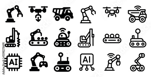 Robotics and drone outline icons set – tech, ai, automation symbols