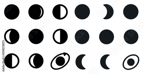 Phases of the moon icons set – filled, silhouette, lunar and celestial symbols