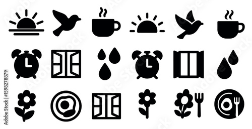 Daily life solid icons set – filled, morning routine and everyday symbols