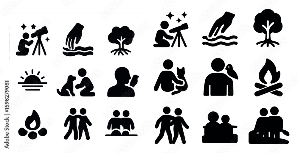 Fototapeta premium Outdoor activities solid icons set – adventure, exploration, nature symbols