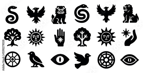 Celtic culture solid icons set – silhouette, mythology, ancient symbols and emblems