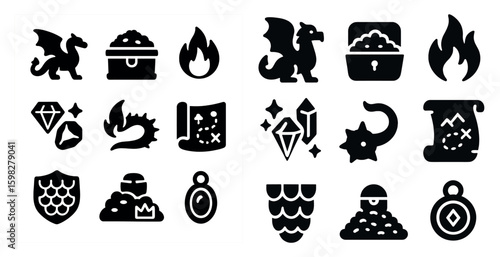 Fantasy adventure icons set – solid, filled, mythical and treasure symbols
