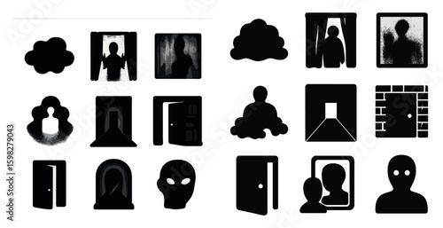 Mysterious silhouette icons set – solid, filled, eerie and haunted symbols