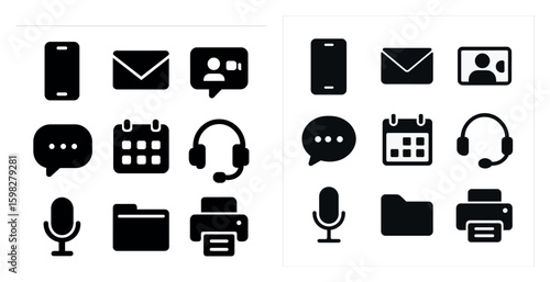 Communication silhouette icons set – solid, filled, digital and messaging symbols