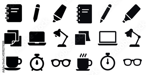 Office and workplace solid icons set – filled, flat, desk and stationery symbols
