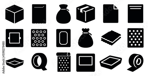 Packaging and storage solid icons set – filled, silhouette, container symbols