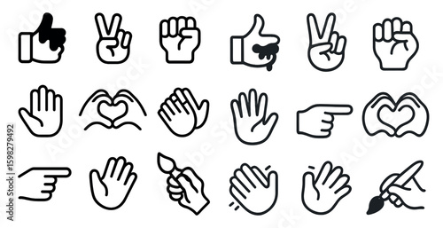 Hand gesture line icons set – outline, linear, expressive and symbolic gestures