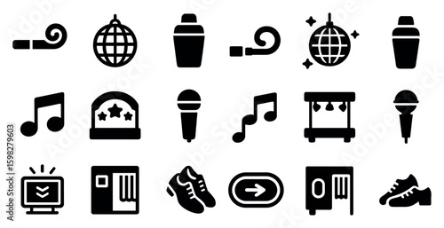 Party and celebration icons set in solid style – music, dance, event symbols
