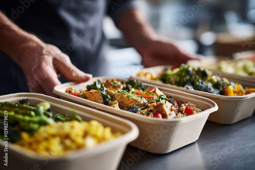 Hands placing multiple takeaway containers on kitchen countertop, focus on food, 