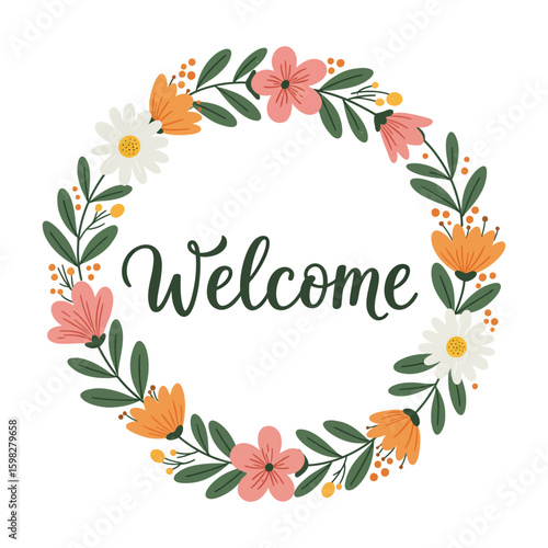 Welcome - vector calligraphic inscription with round flower