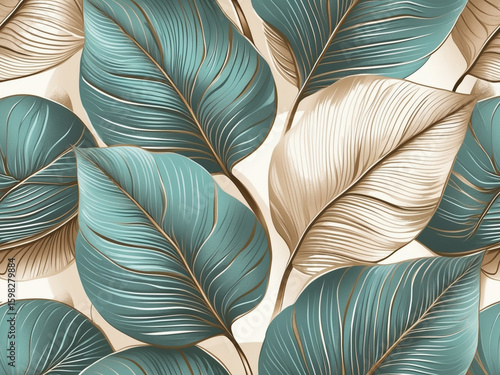 Elegant seamless pattern of large tropical leaves in teal and gold. Luxury botanical background for modern wallpaper, fabric, or textile design.