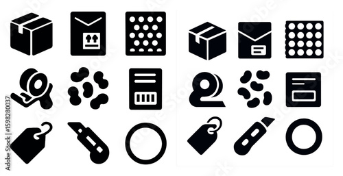 Packaging and shipping silhouette icons set – flat, solid, delivery and logistics symbols