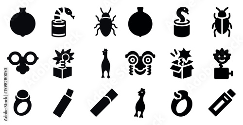 Prank and gag solid icons set – filled, comedic, humor elements
