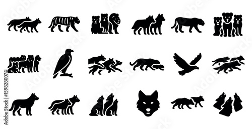Wildlife silhouette icons set – animal, nature, predator and habitat symbols