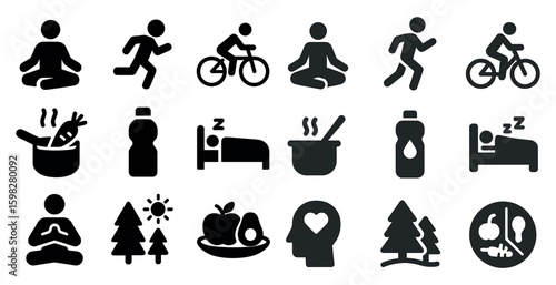 Fitness and wellness solid icons set – silhouette, filled, health and exercise symbols