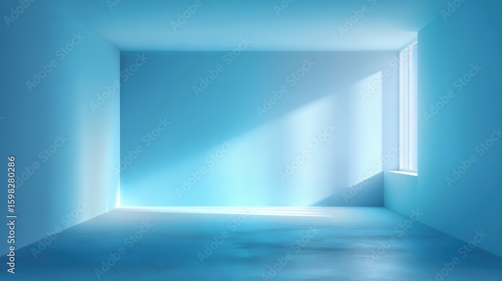 Fototapeta premium A minimalist interior space with soft blue light streaming through a window, creating a serene atmosphere.