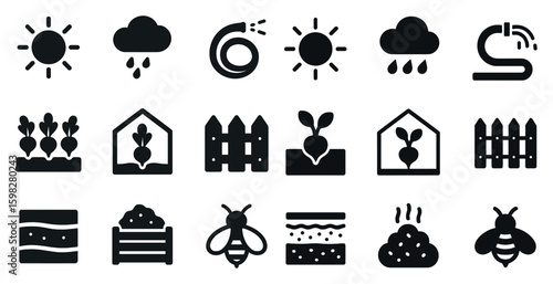 Gardening and nature solid icons set – filled, gardening symbols for outdoor designs