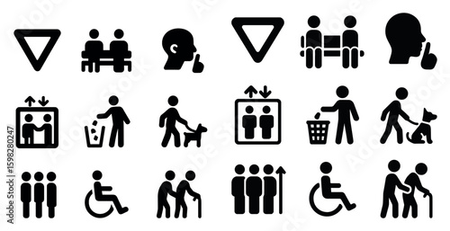 Public transport and behavior solid icons set – silhouette, filled, commuter symbols