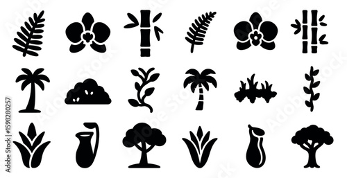 Nature and botany silhouette icons set – solid, filled, plant and foliage symbols